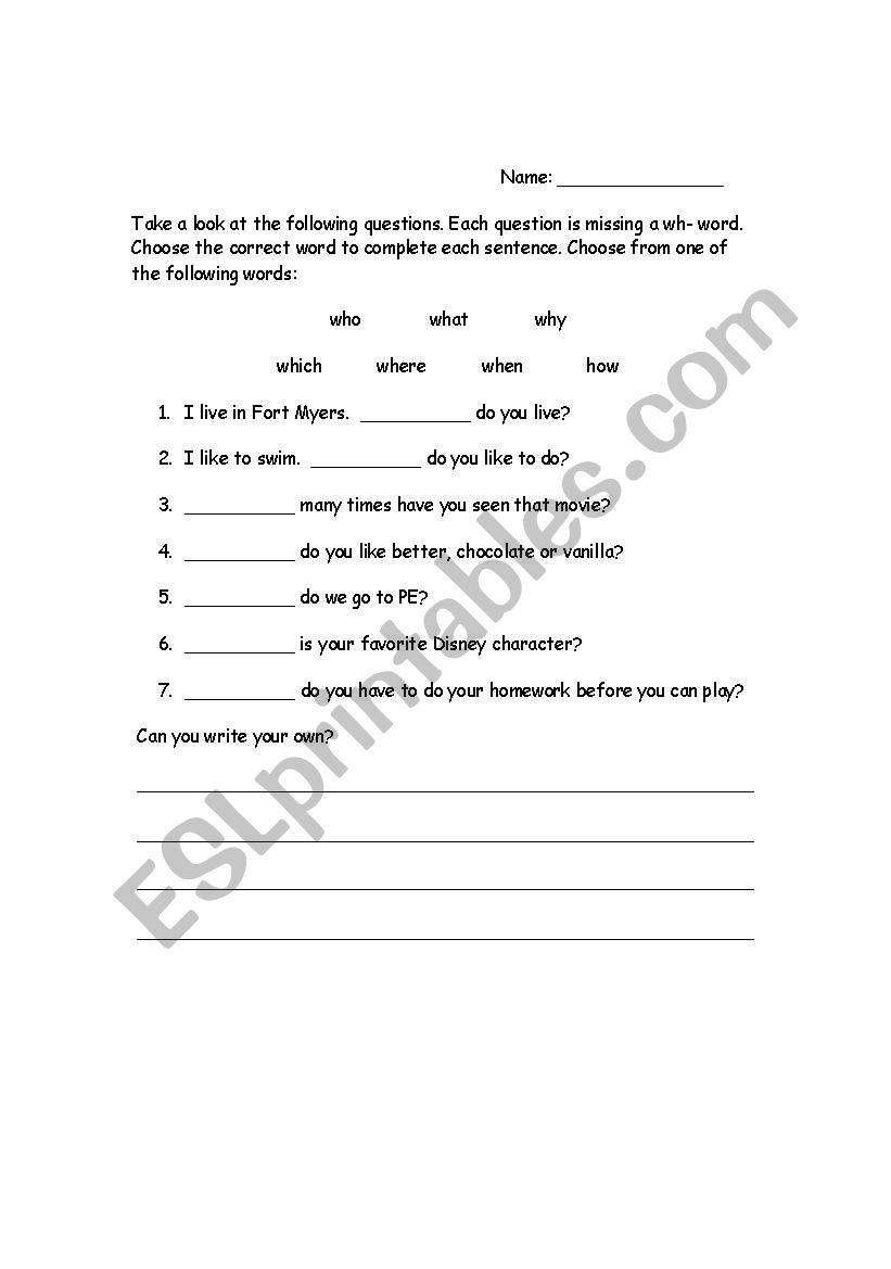 Wh words worksheet