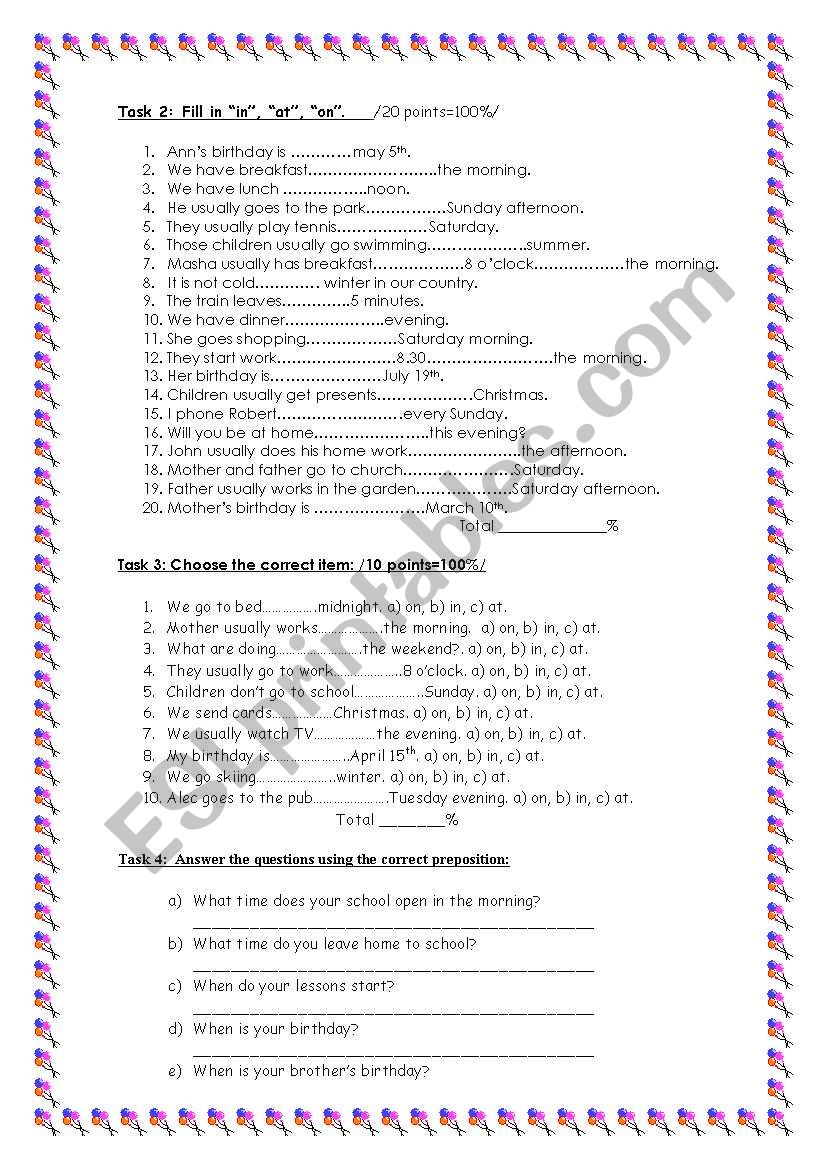 Continuation of the table, consolidation exercises for AT; IN; ON