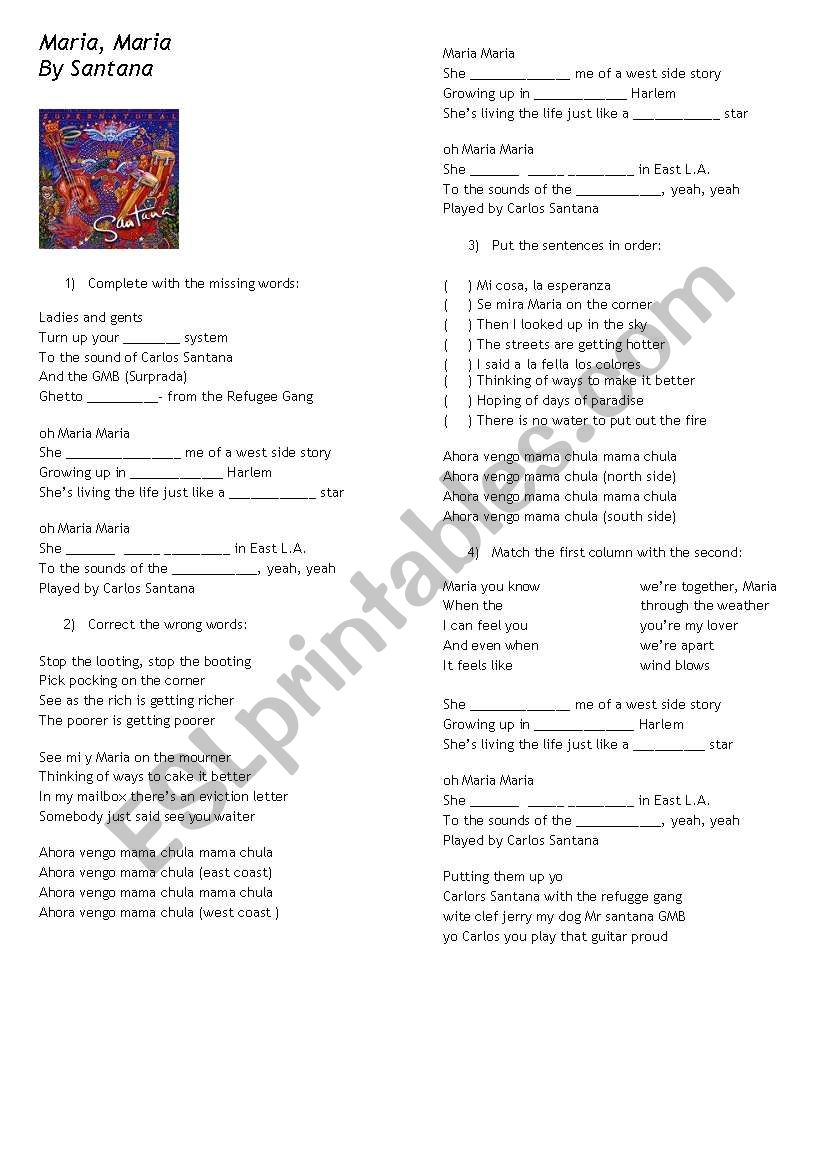 Maria Maria By Carlos Santana worksheet