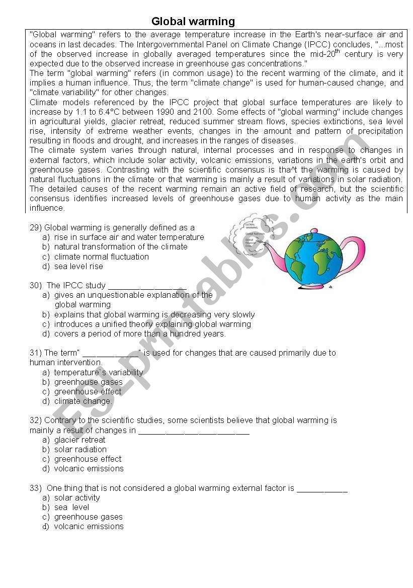 Global Warming, pollution, the environment, multiple choice. 