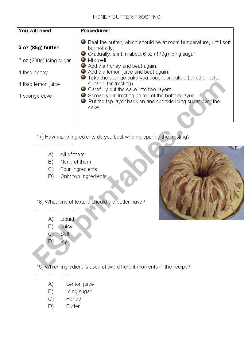 Honey Butter Frosting. food, multiple choice. reading 