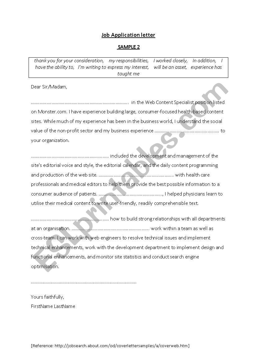 Job application letter, fill in the gaps 2