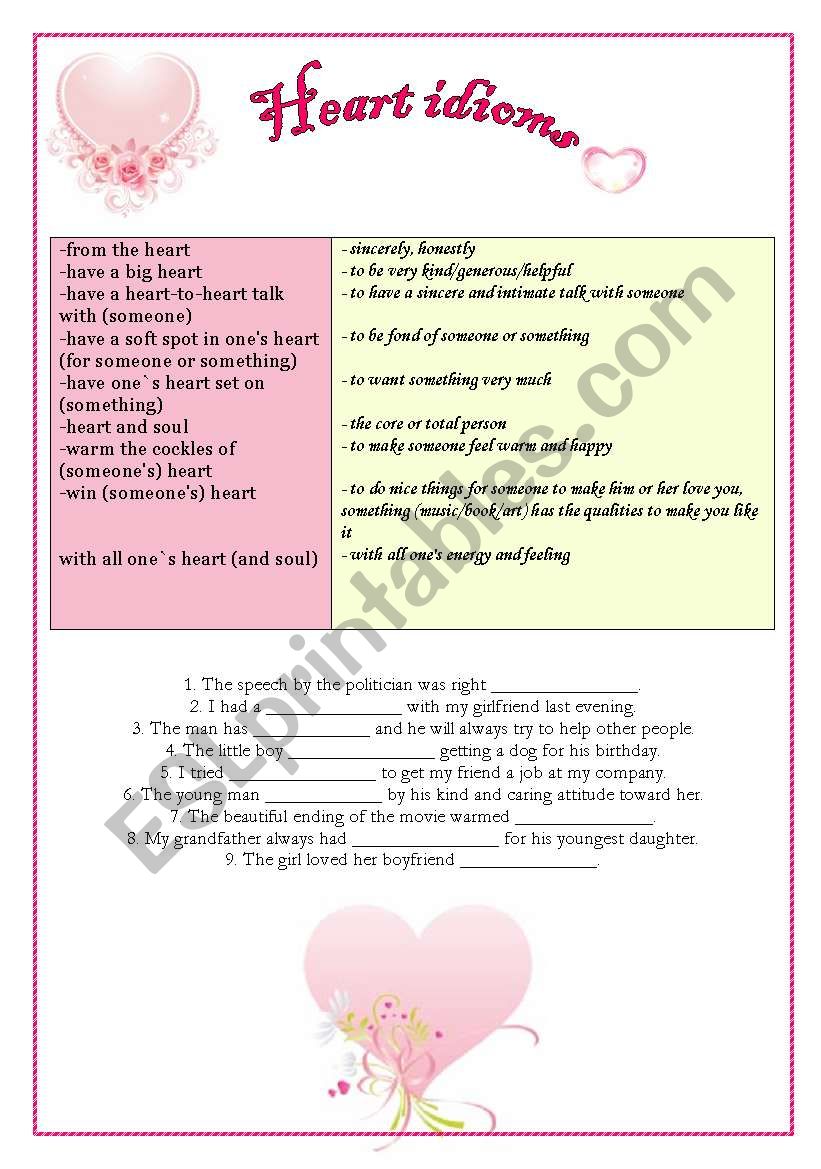 Heart idioms worksheet