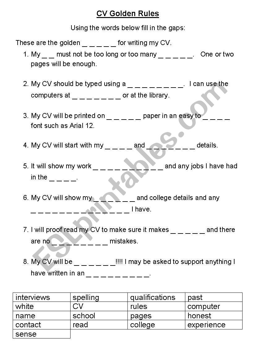 CV Golden Rules worksheet