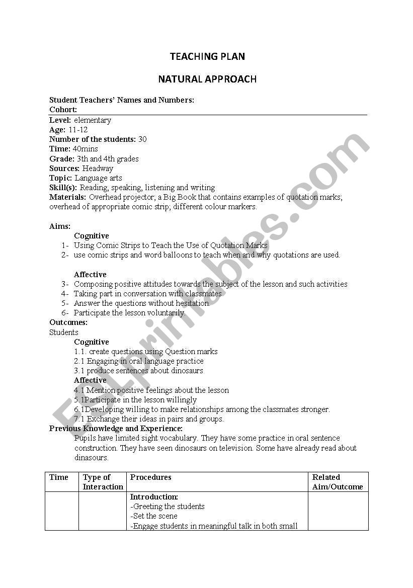 lesson plan(natural approach) worksheet