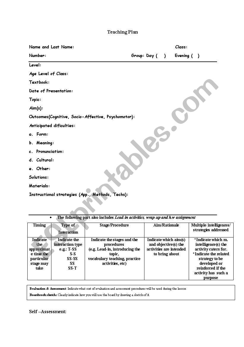 procedure of a teaching plan worksheet