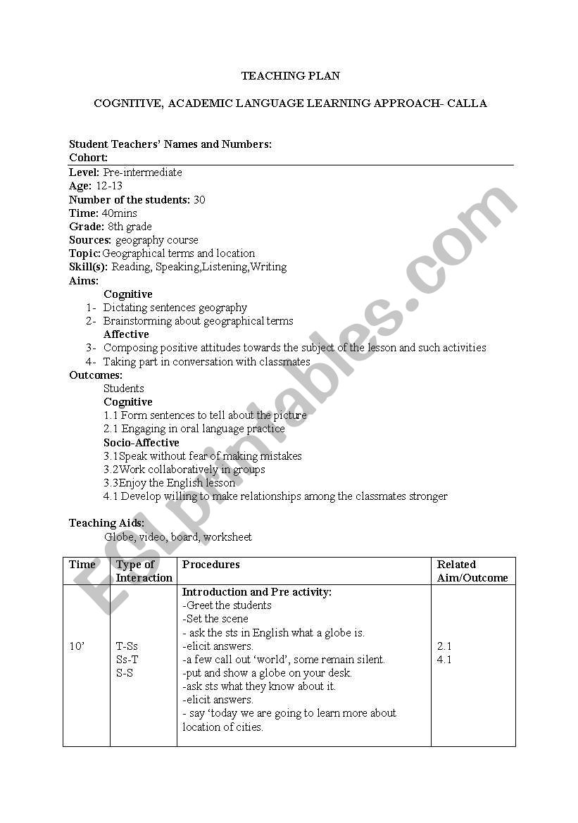 lesson plan (cognitive, CALLA)