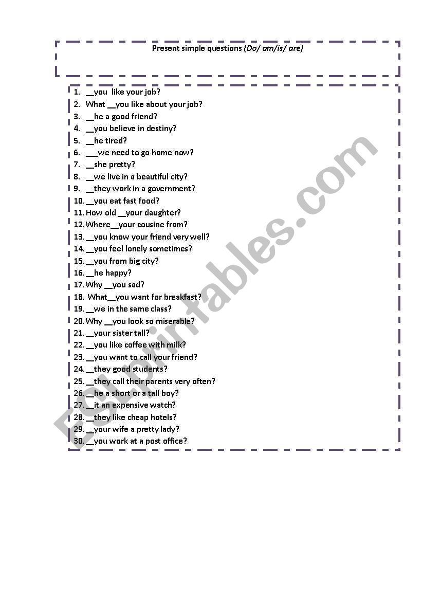 Present simple questions worksheet