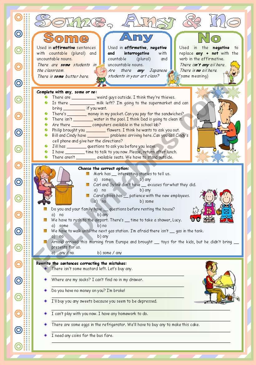 Some, Any & No  rules, examples and exercises  editable  keys included  2 pages