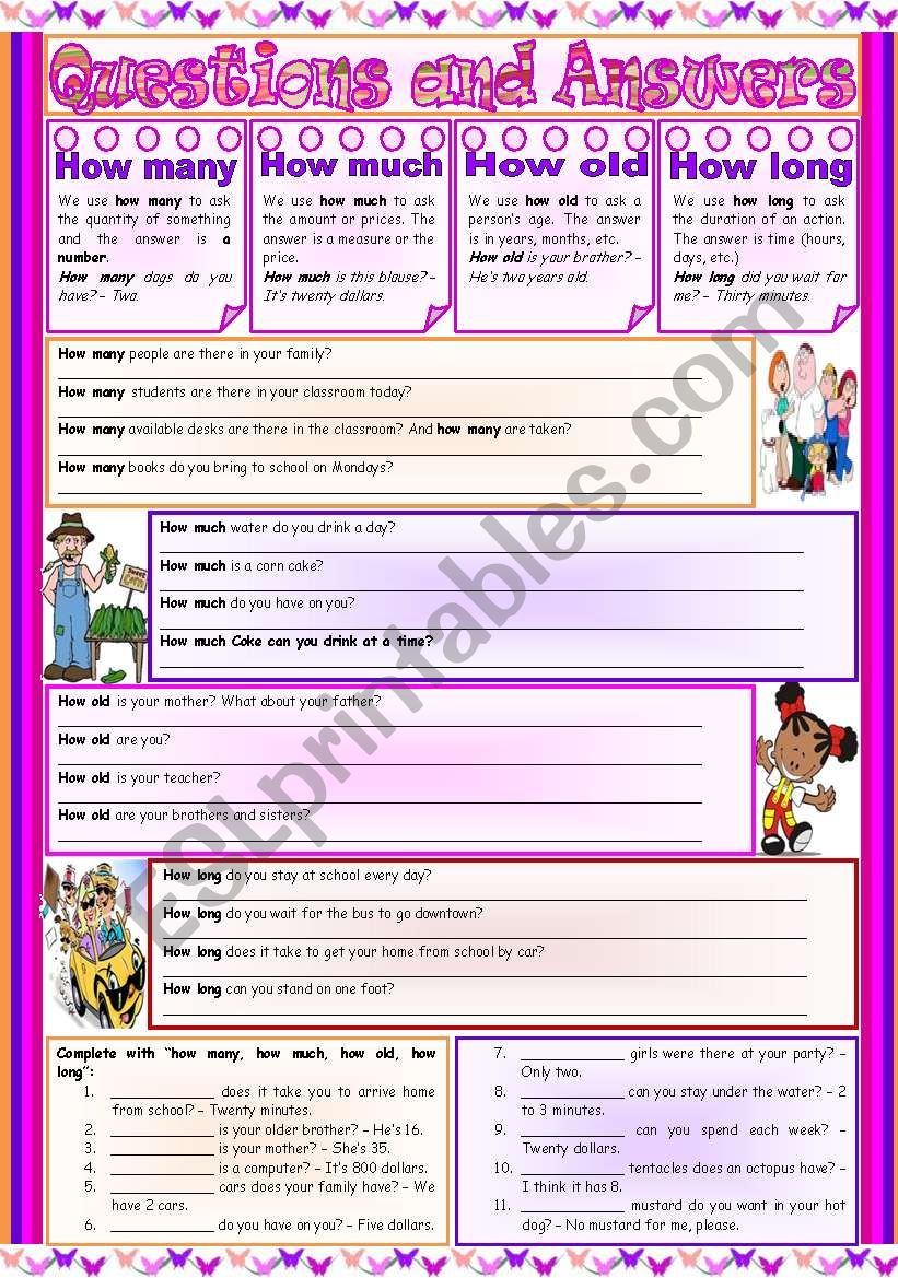 Questions and Answers â€“ how many â€¢ how much â€¢ how old â€¢ how long â€¢ explanation, examples and exercises â€¢ editable