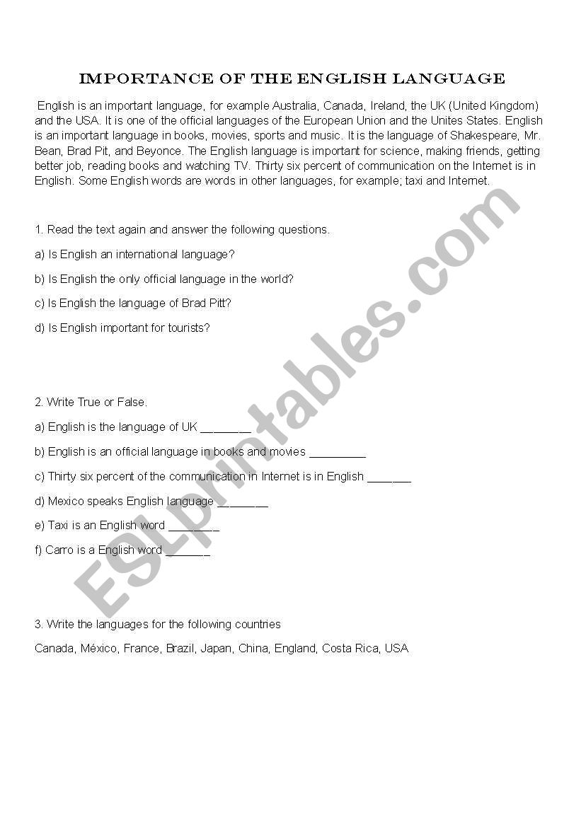 english importance worksheet