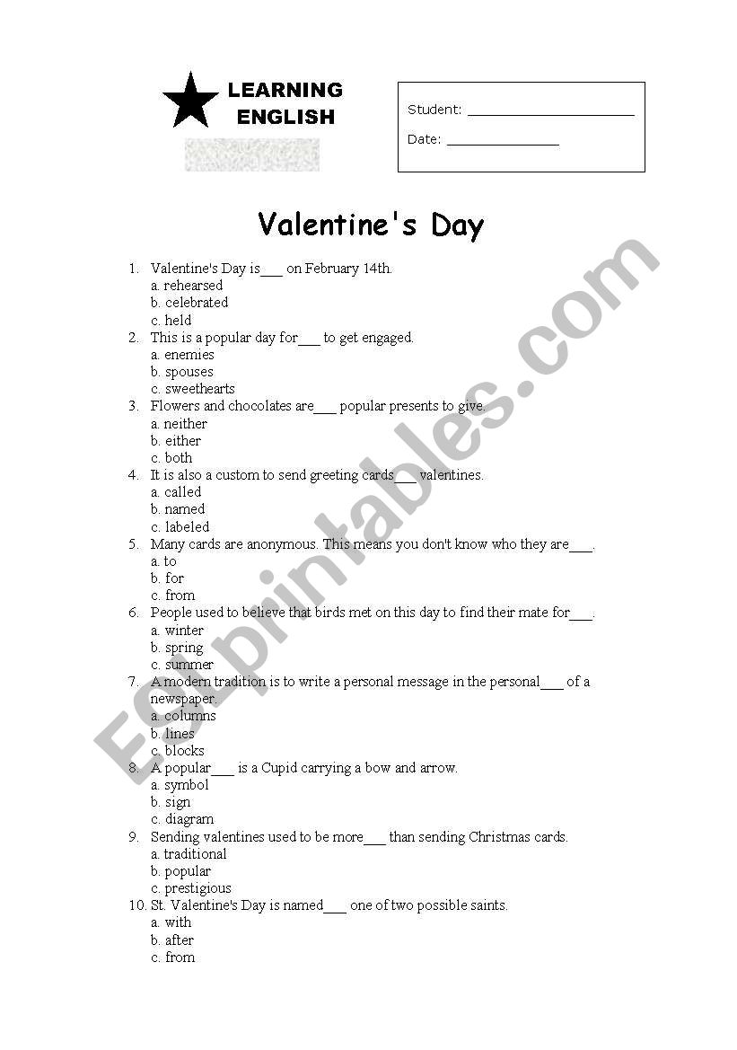 Valentine quiz worksheet