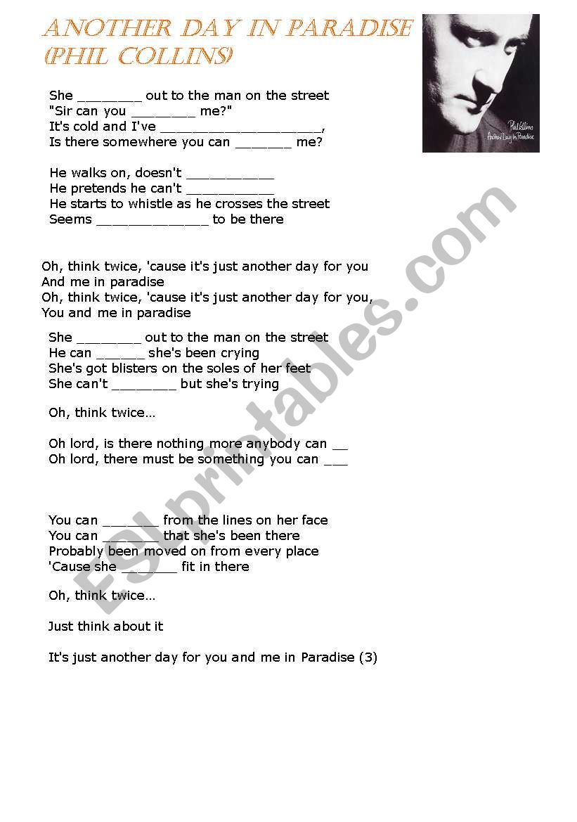 Song: Another Day in Paradise worksheet