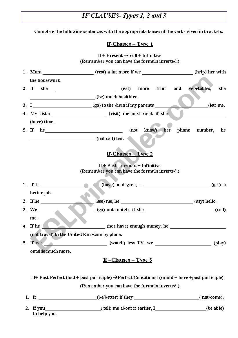 If clauses Types I,II and III worksheet