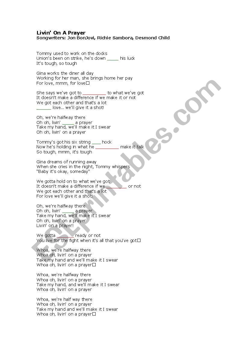 Phrasal Verb/Preposition Song Activity - Livin On a Prayer by Bon Jovi