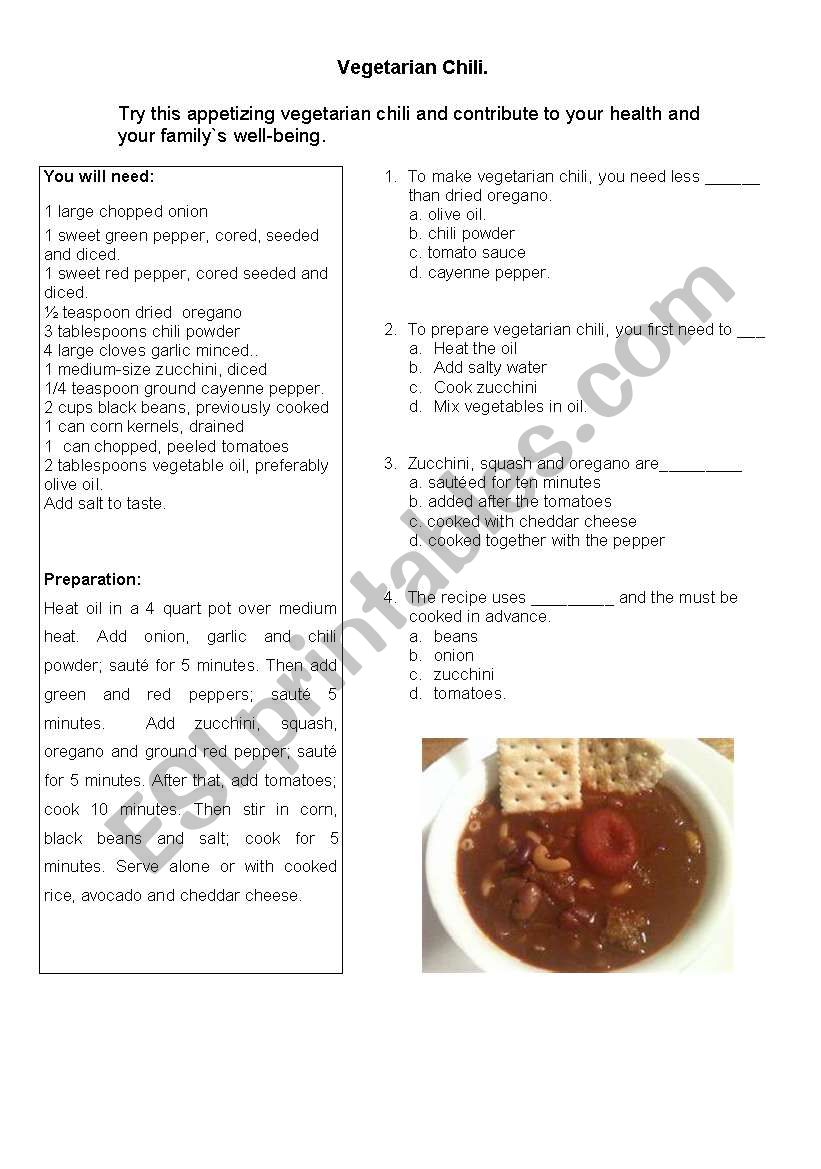 Vegetarian Chili, food, multiple choice, reading. 