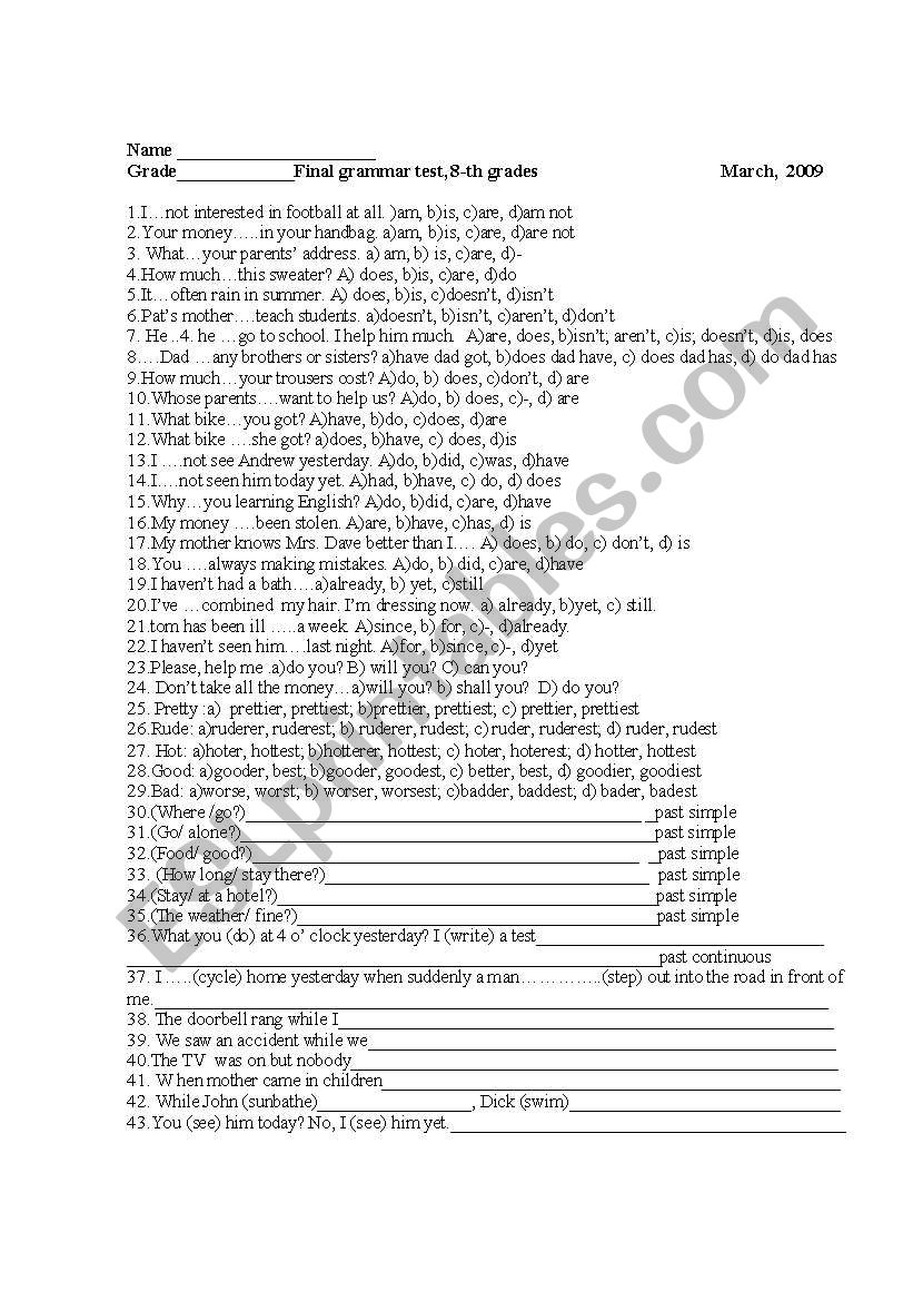 Grammar test worksheet