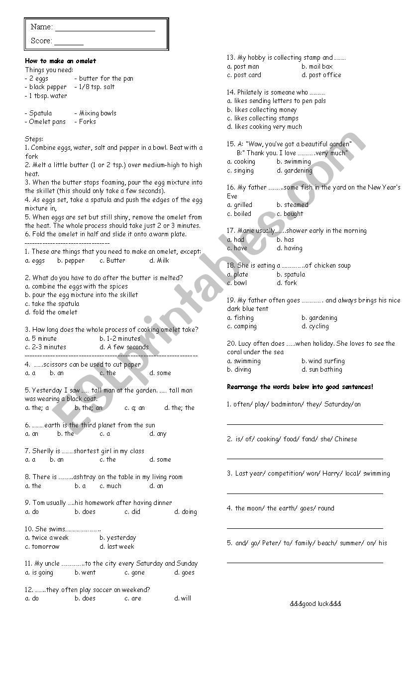 English evaluation worksheet