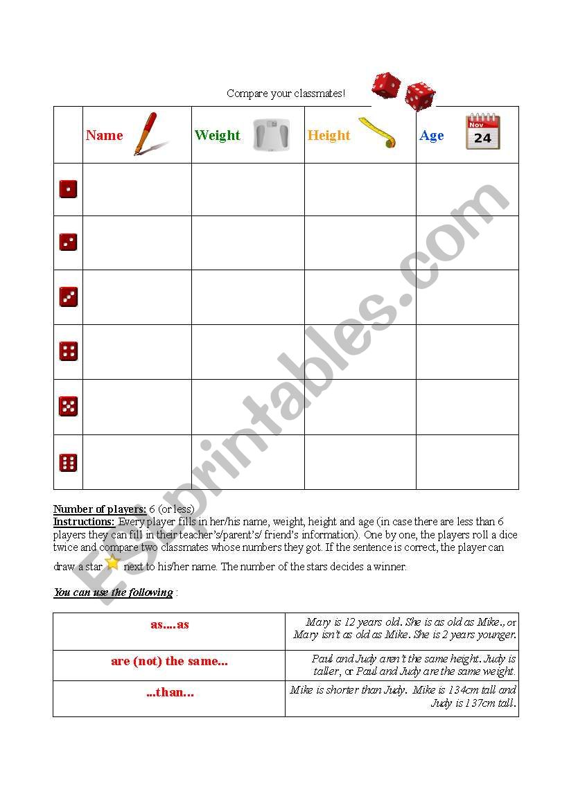 Compare Classmates worksheet