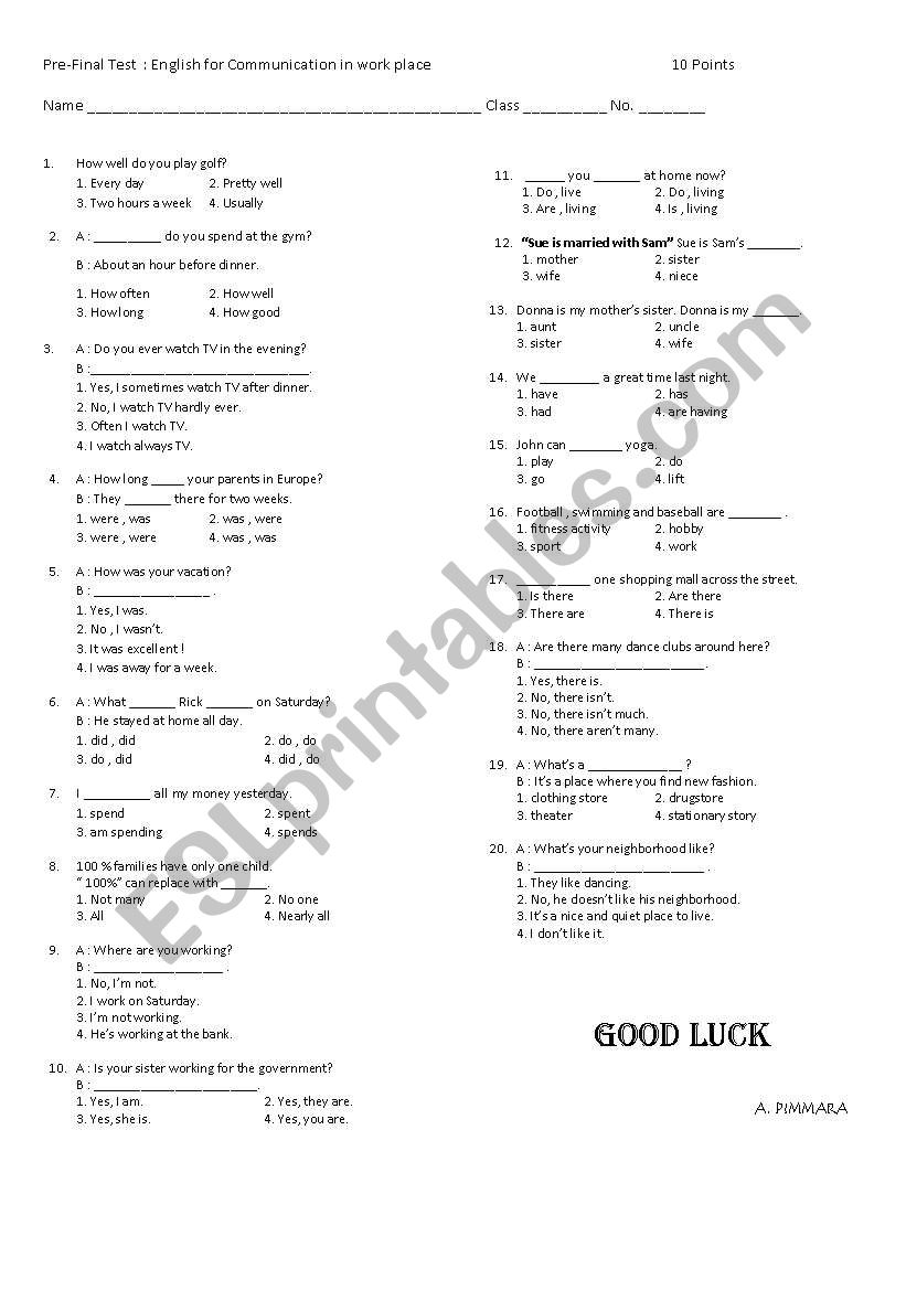 communication worksheet