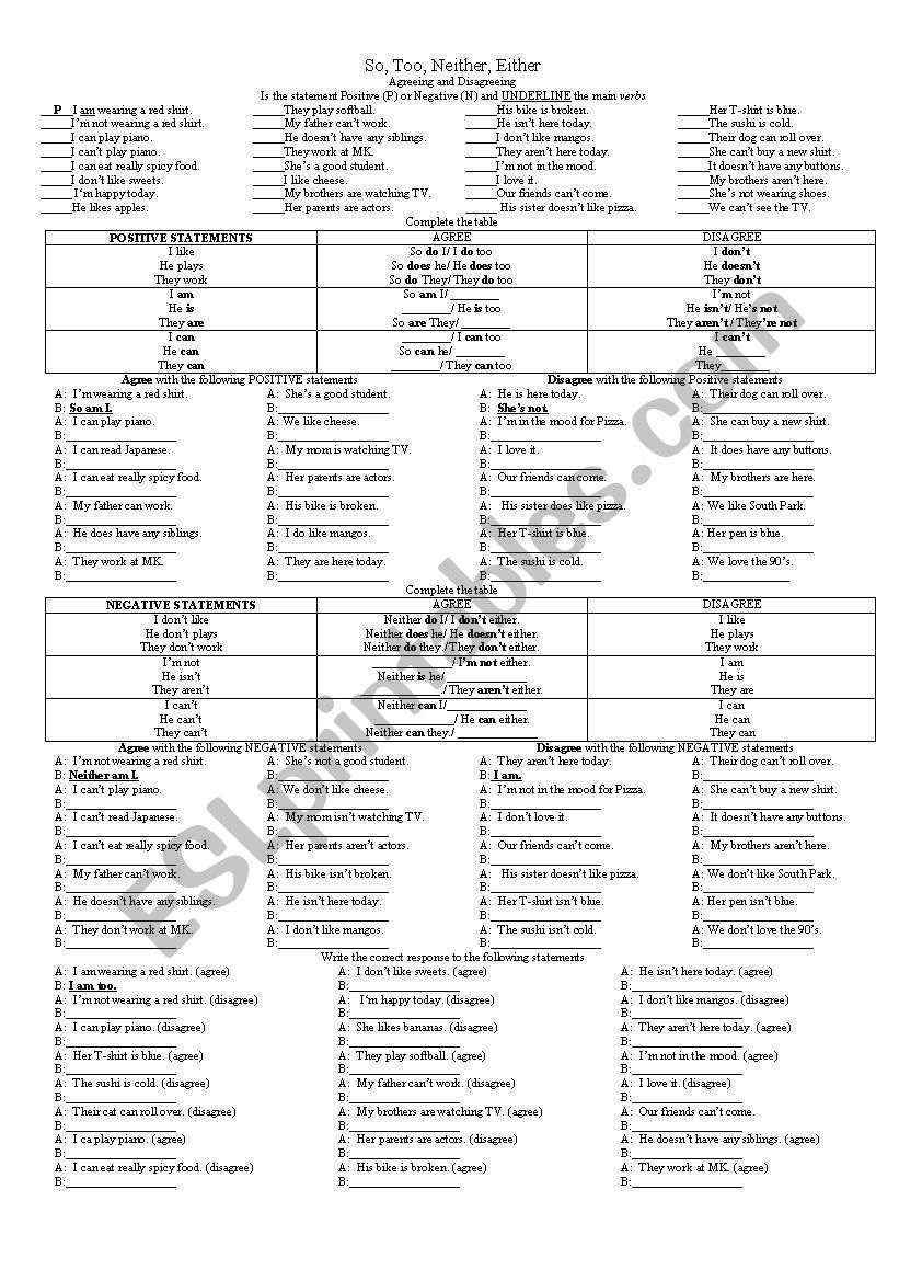 So, Too, Either, Neither worksheet