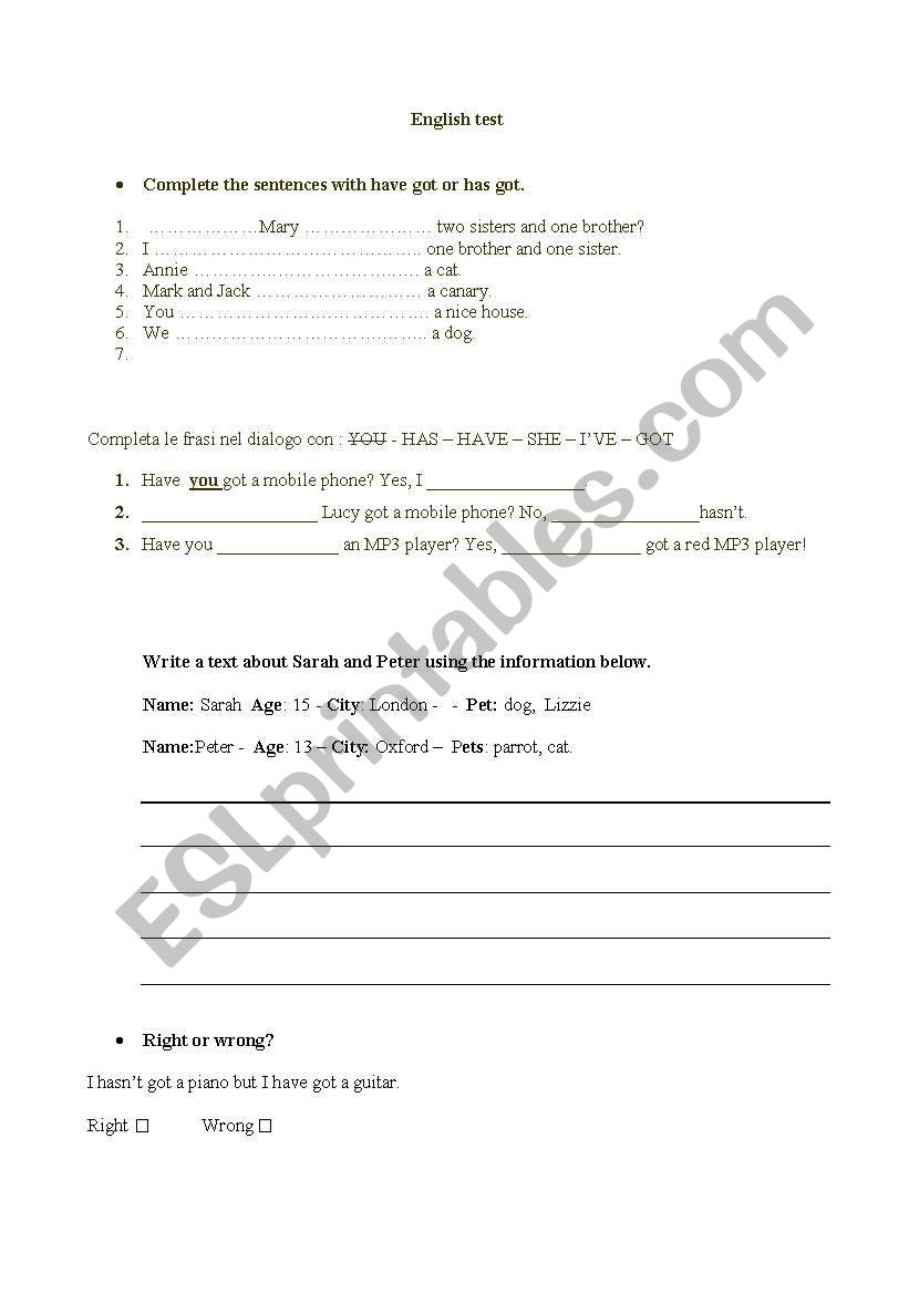 English test  worksheet