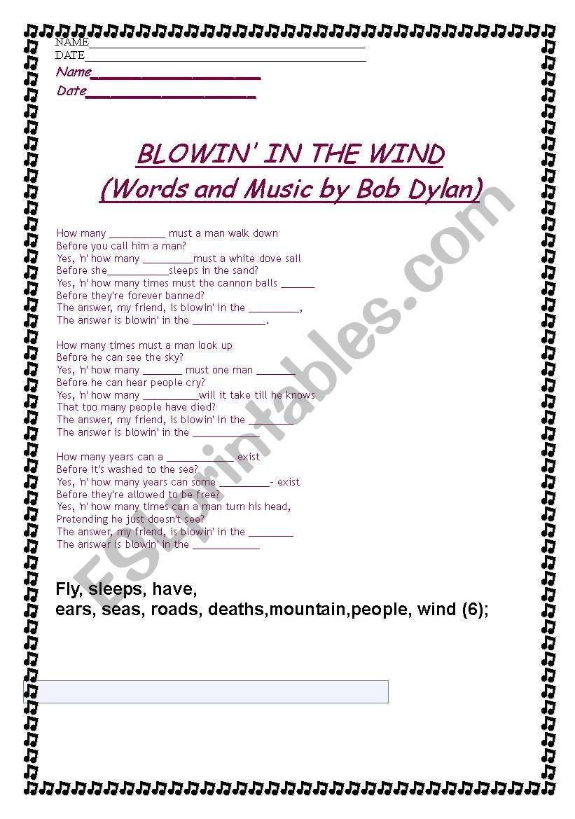blowin in the wind worksheet