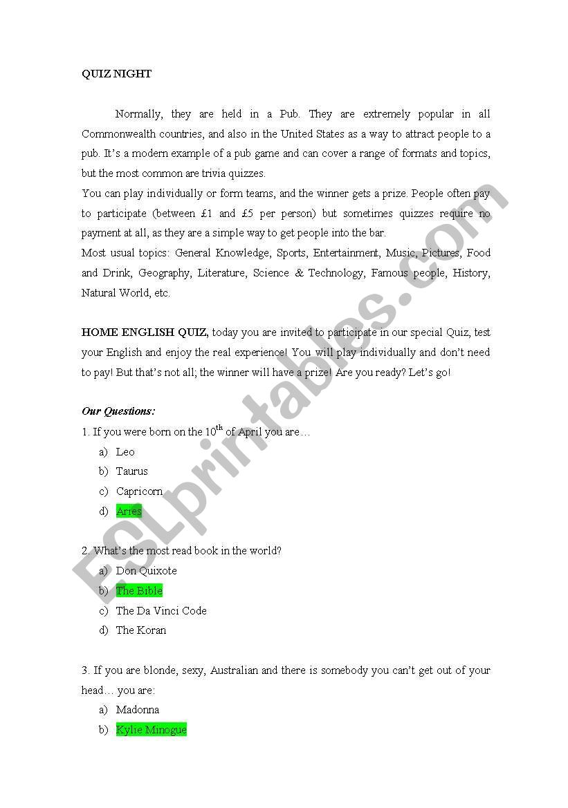 Quiz_General Knowledge 2 worksheet