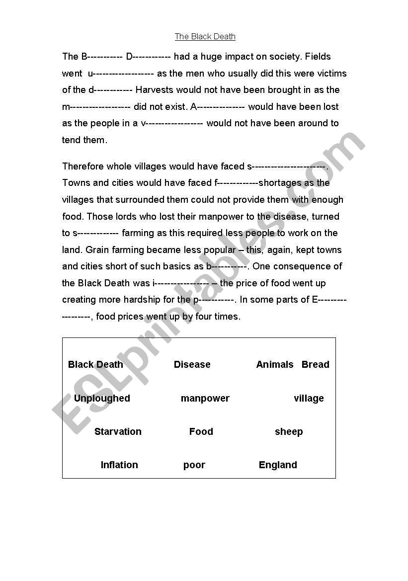 The Black Death - Problems word cloze activity worksheet for SEN