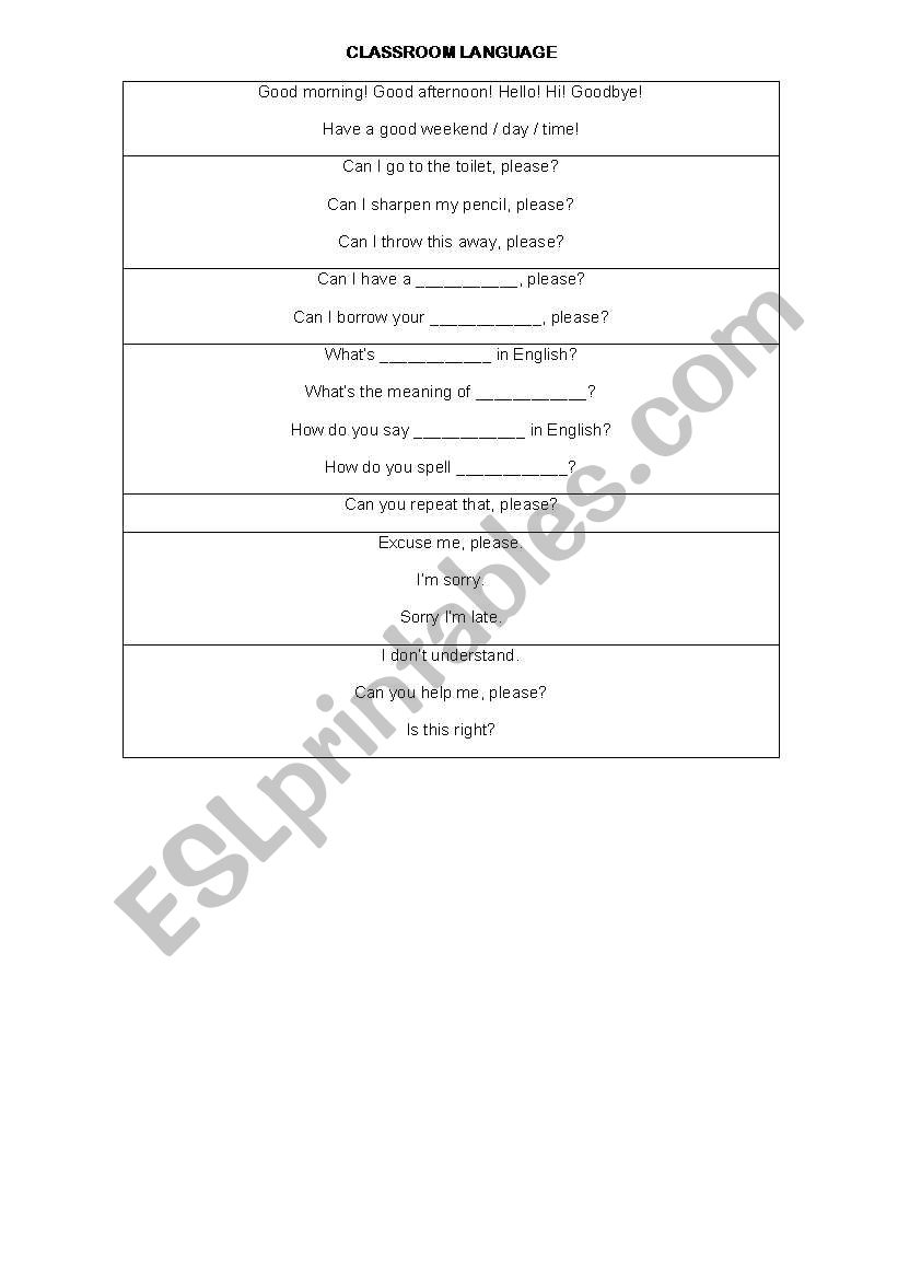 classroom language worksheet