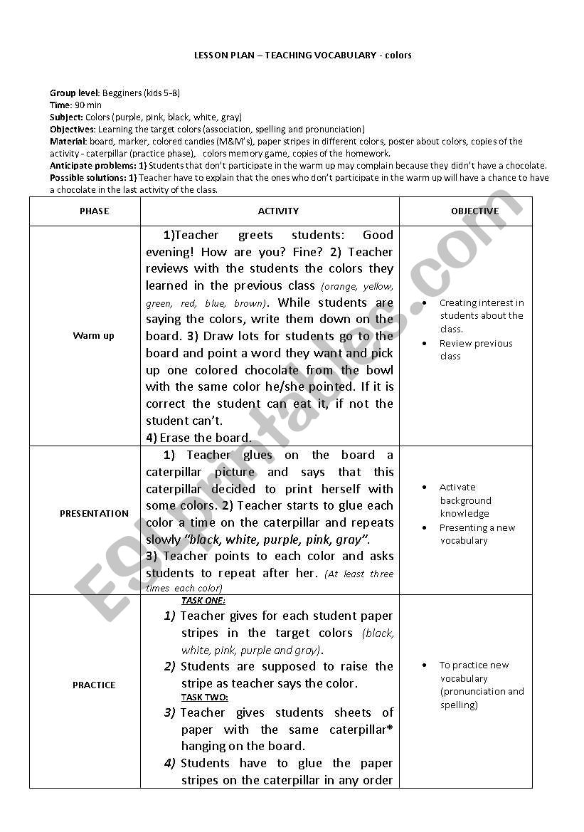 Download Lesson Plan colours for kids - ESL worksheet by LLOCOSTA