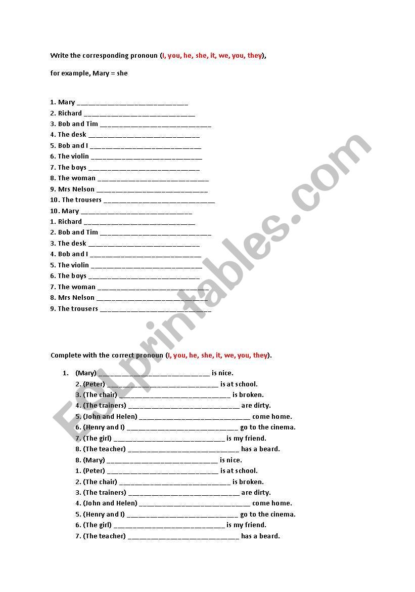 Personal Pronouns worksheet