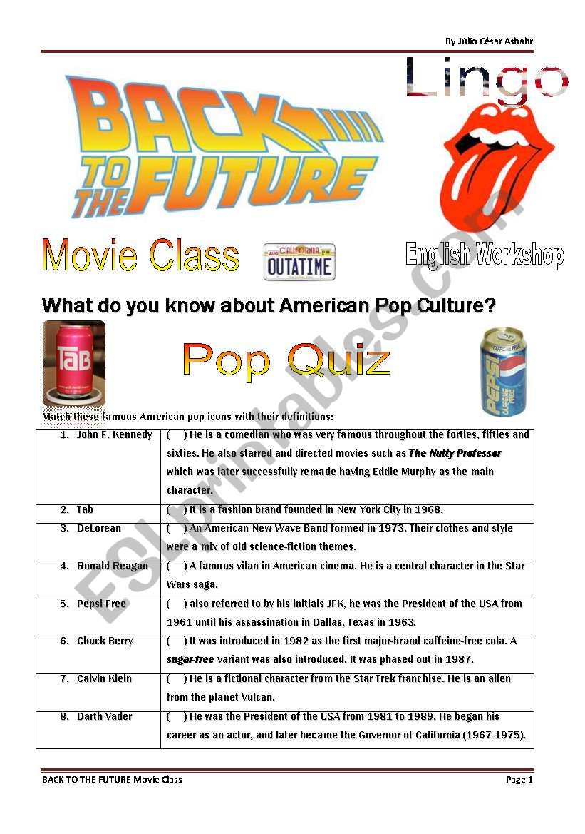 Back to the Future Quiz, Movie and Song Activity - 4 pages