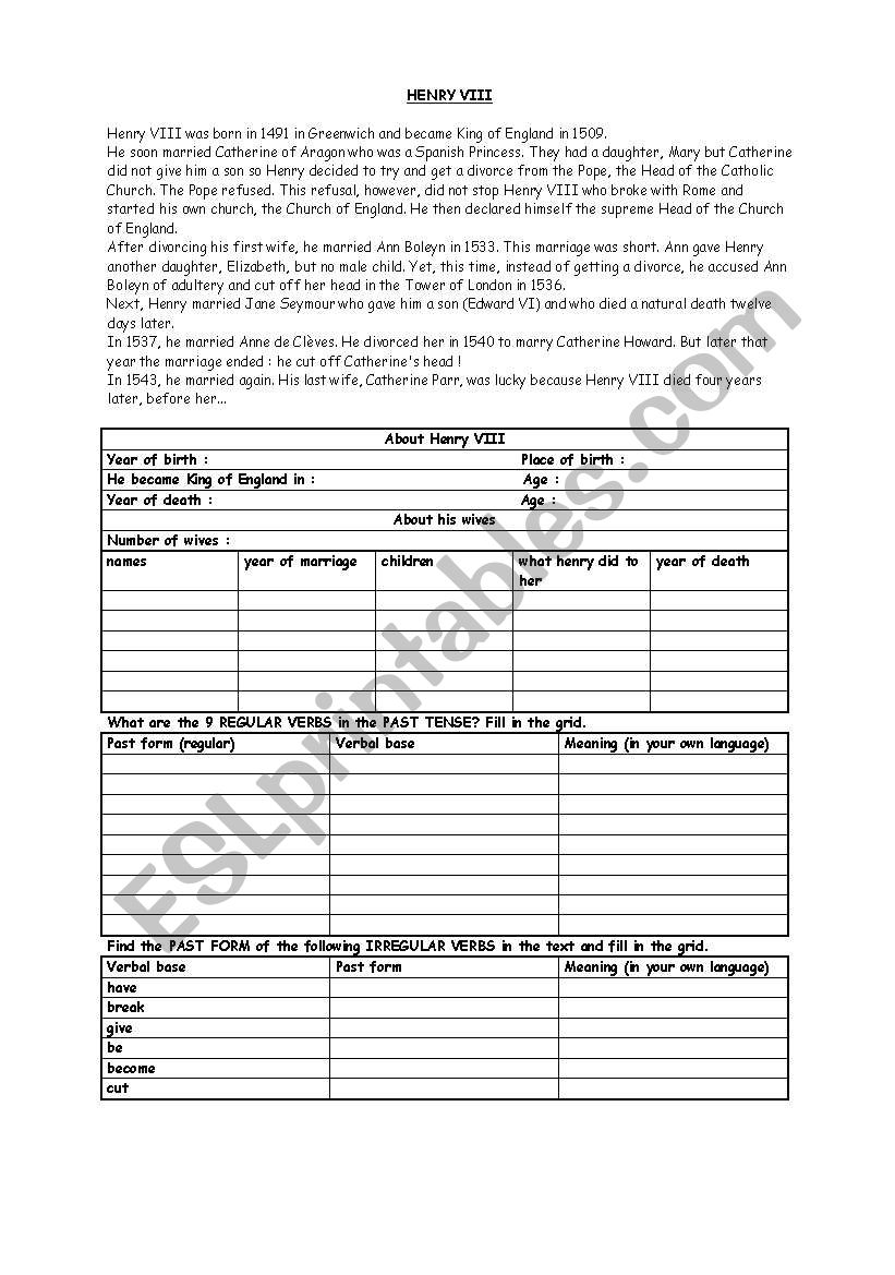 HENRY VIII worksheet