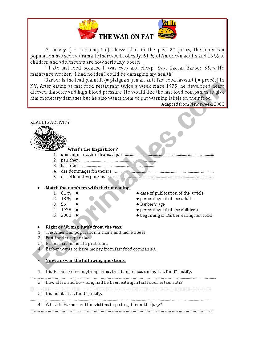 the war of fat  worksheet