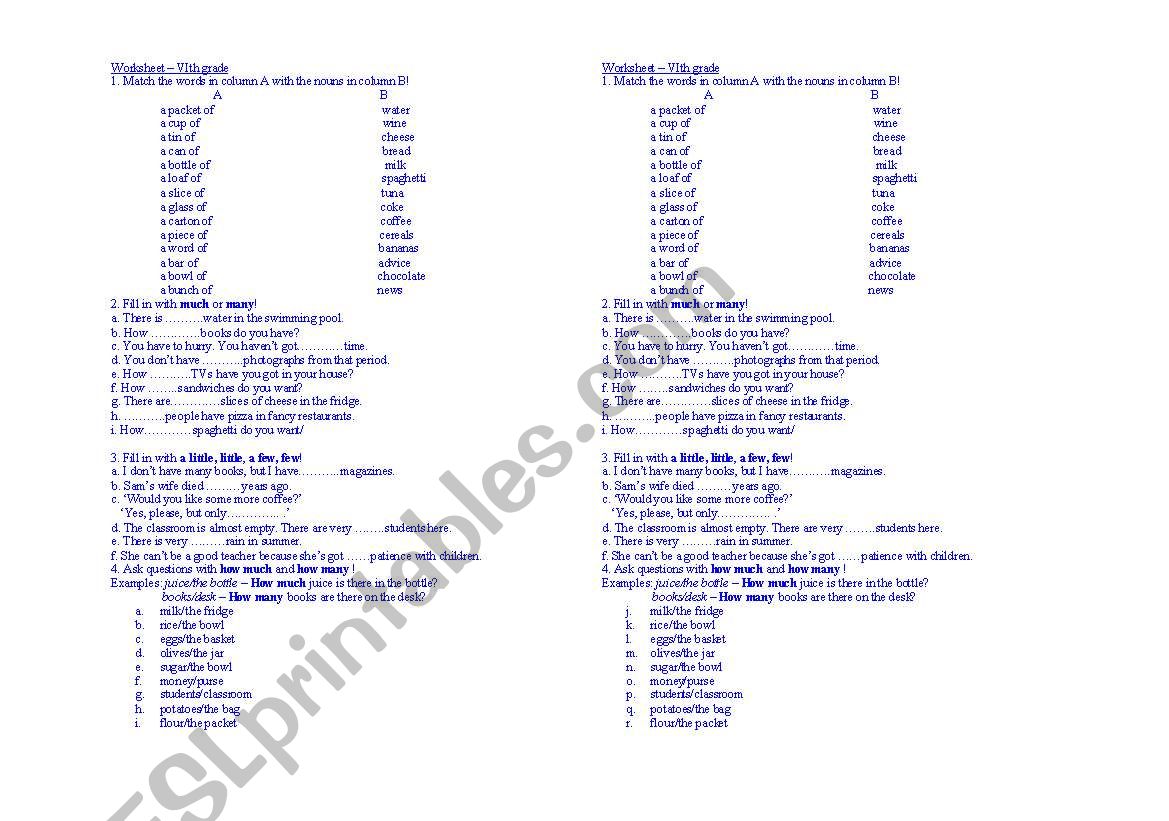 Much/many and few/little worksheet