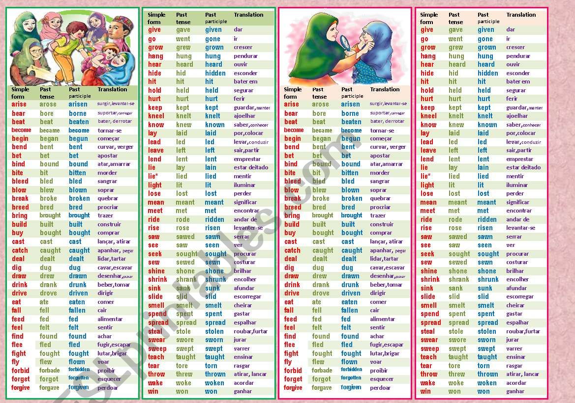 Bookmarks with 77 irregular verbs