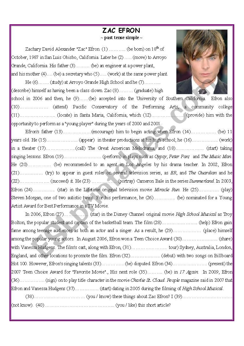 Zac Efron - past simple worksheet