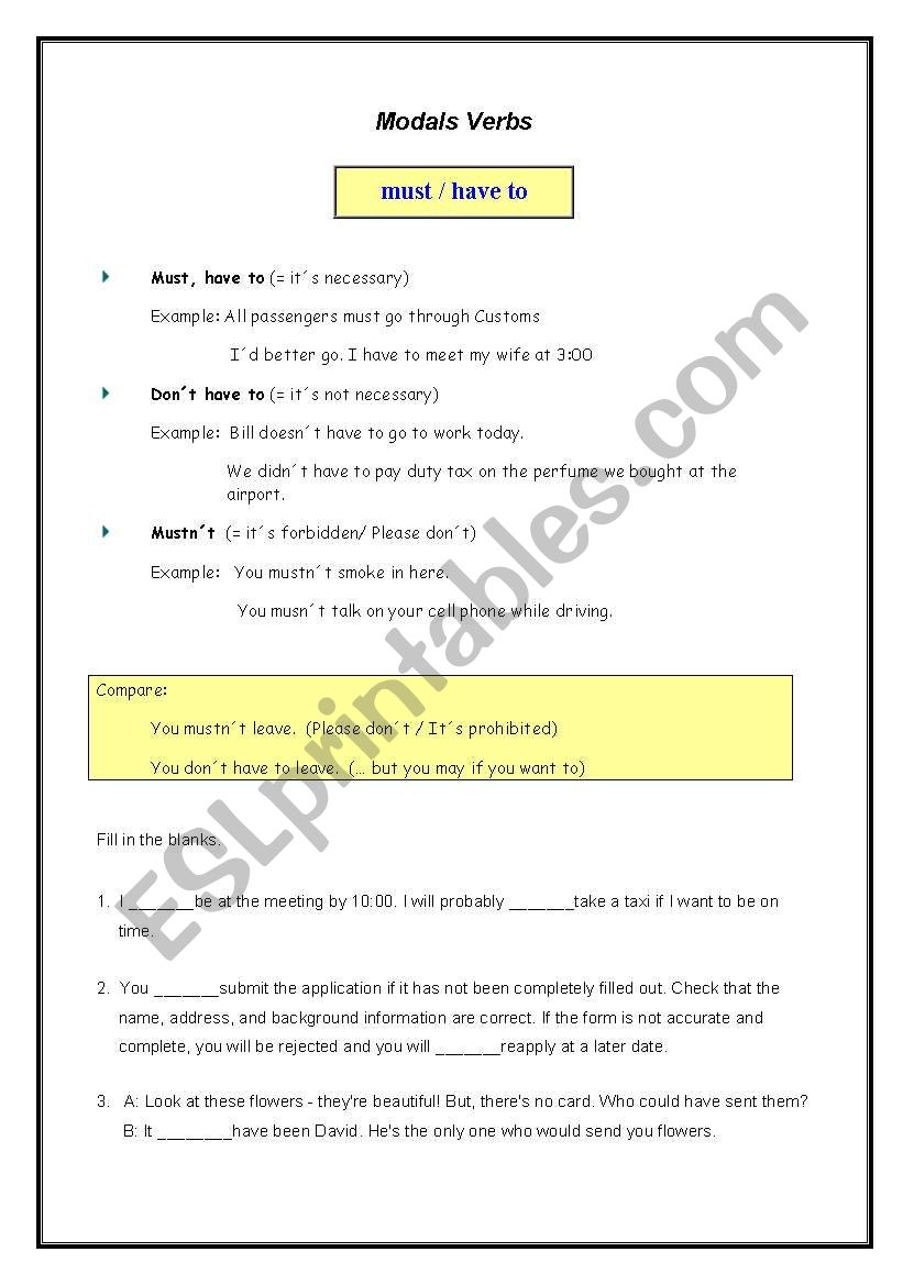 Modals: Must / Have to worksheet