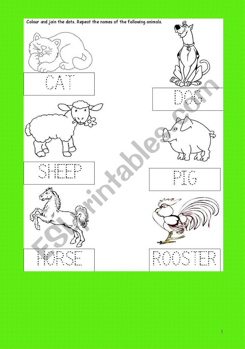 ANIMALS ACTIVITY CARD -Join the dots- colour - Cat-Dog-Sheep -Pig-Horse-Rooster- kindergarten