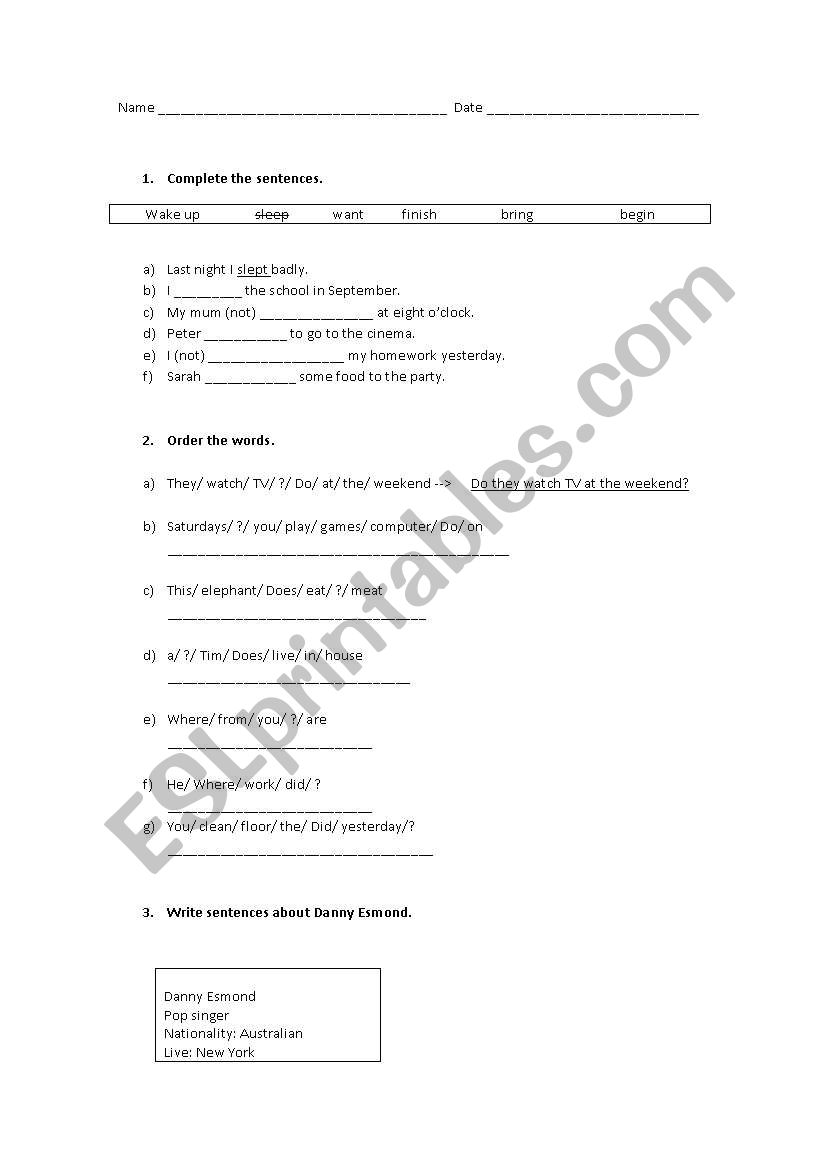 Exam: Present simple, Past simple, reading/wirting, 