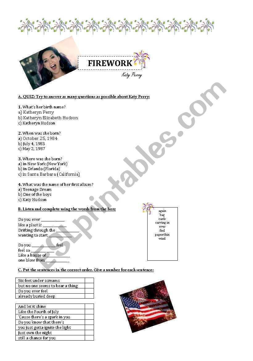 FIREWORK - Katy Perry worksheet