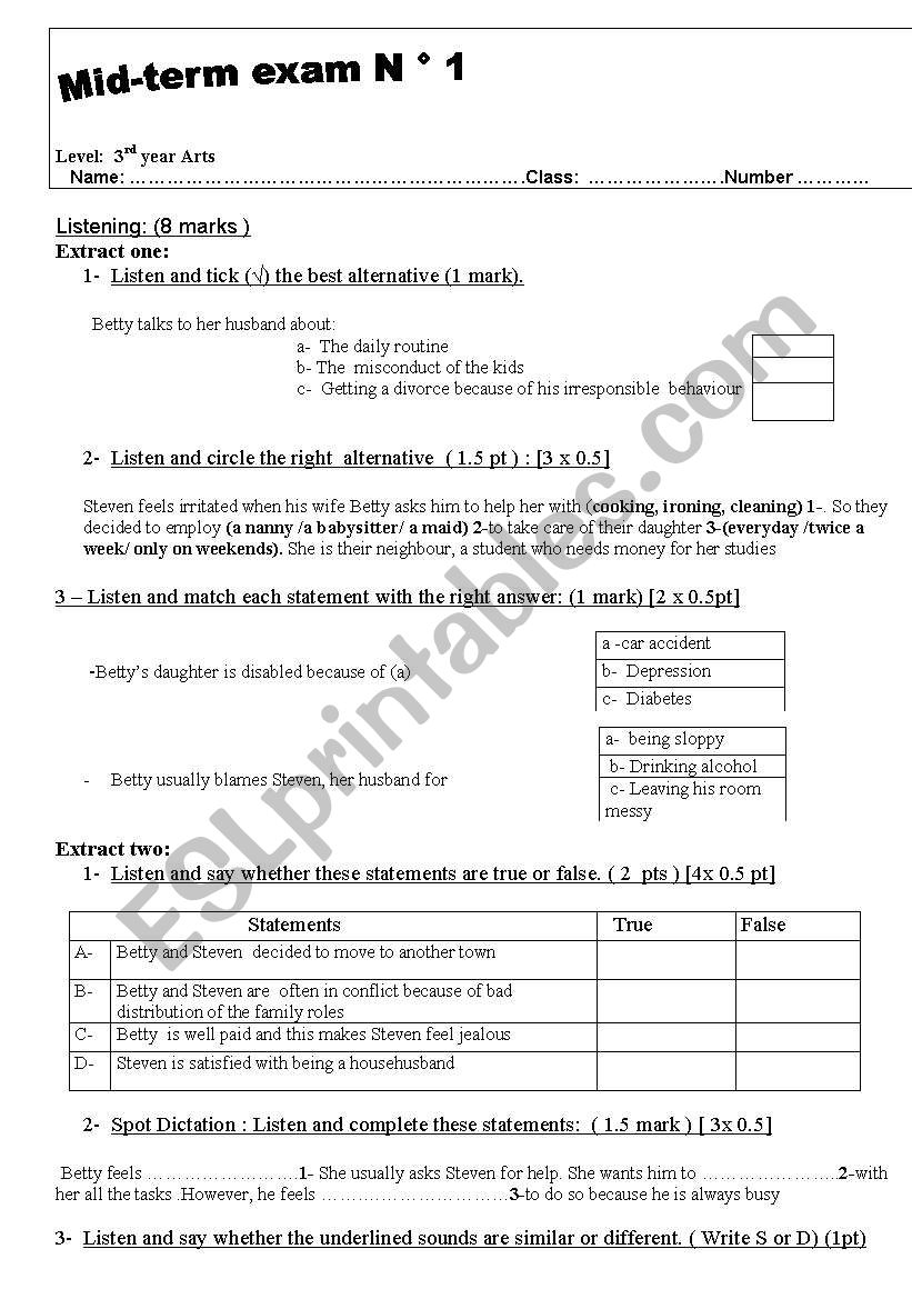 Mid- term exam  3rd Form secondary education