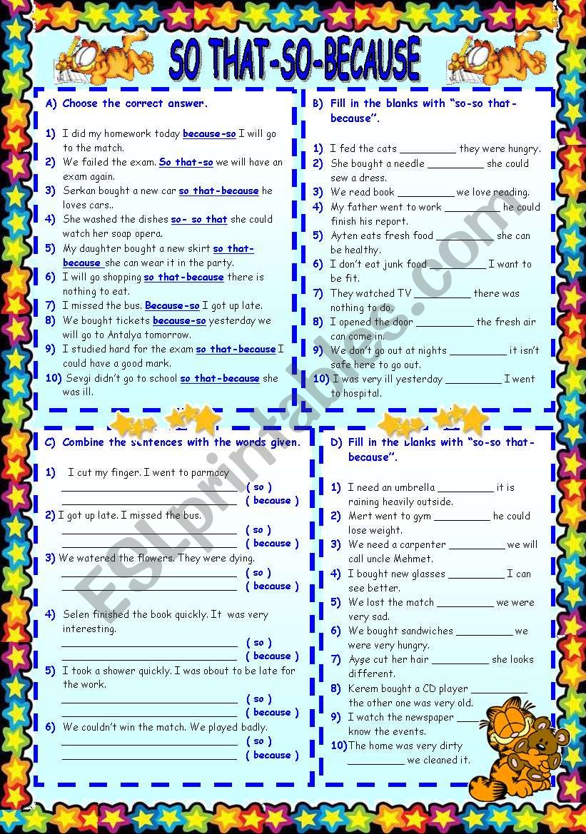 SO - SO THAT - BECUSE worksheet