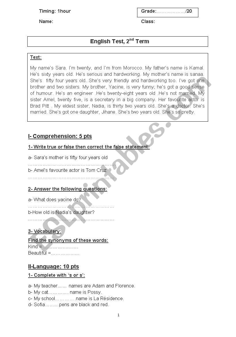 Test  My family worksheet