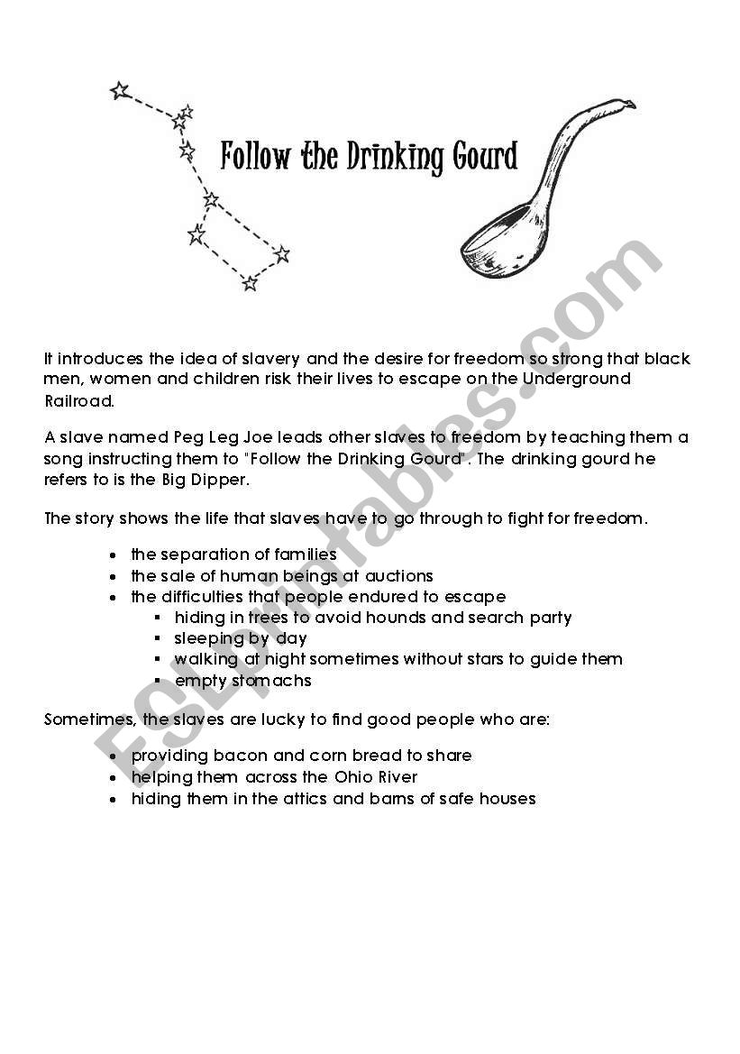 English worksheets Follow the drinking gourd (slaves on their way to freedom) PreAmerican