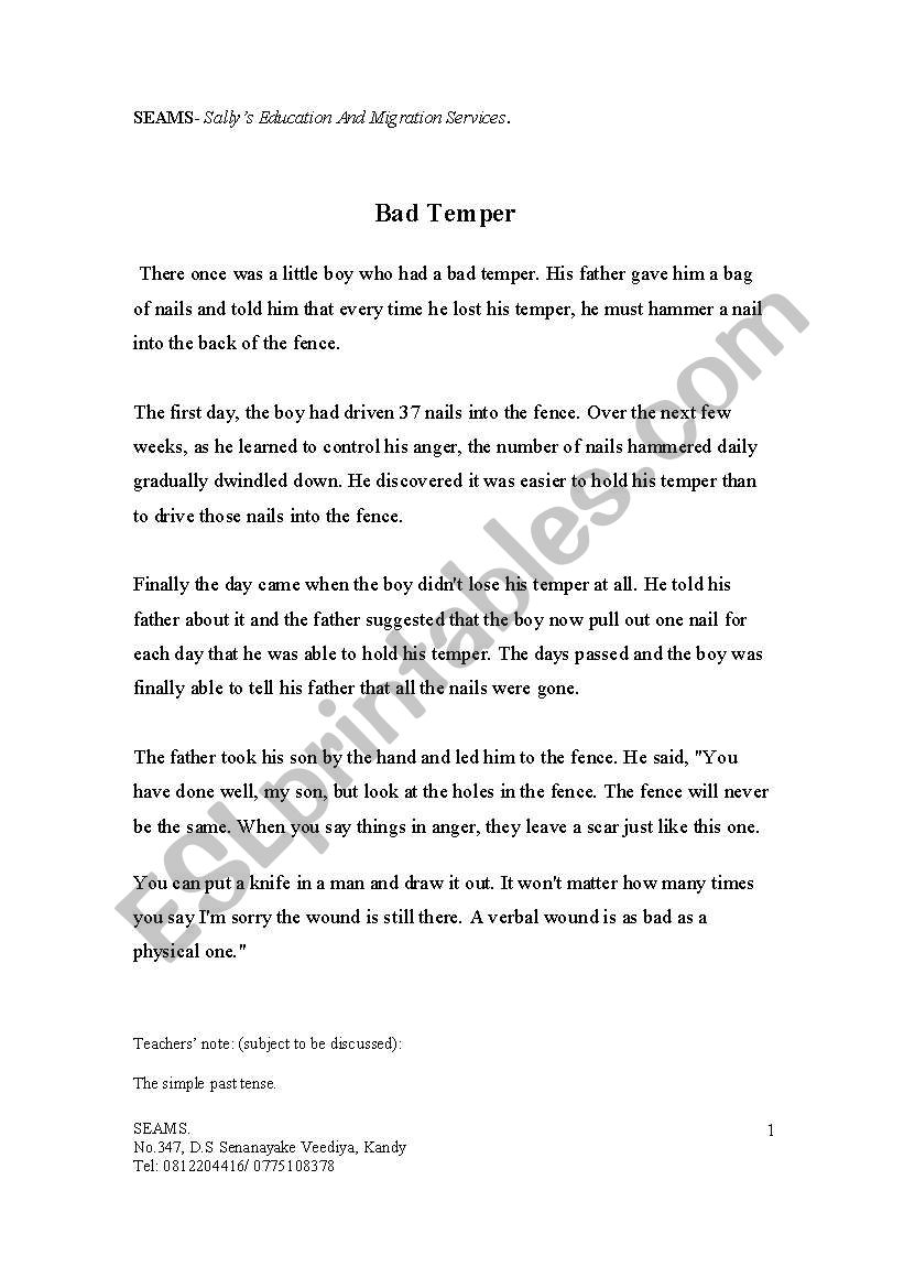 bad temper worksheet