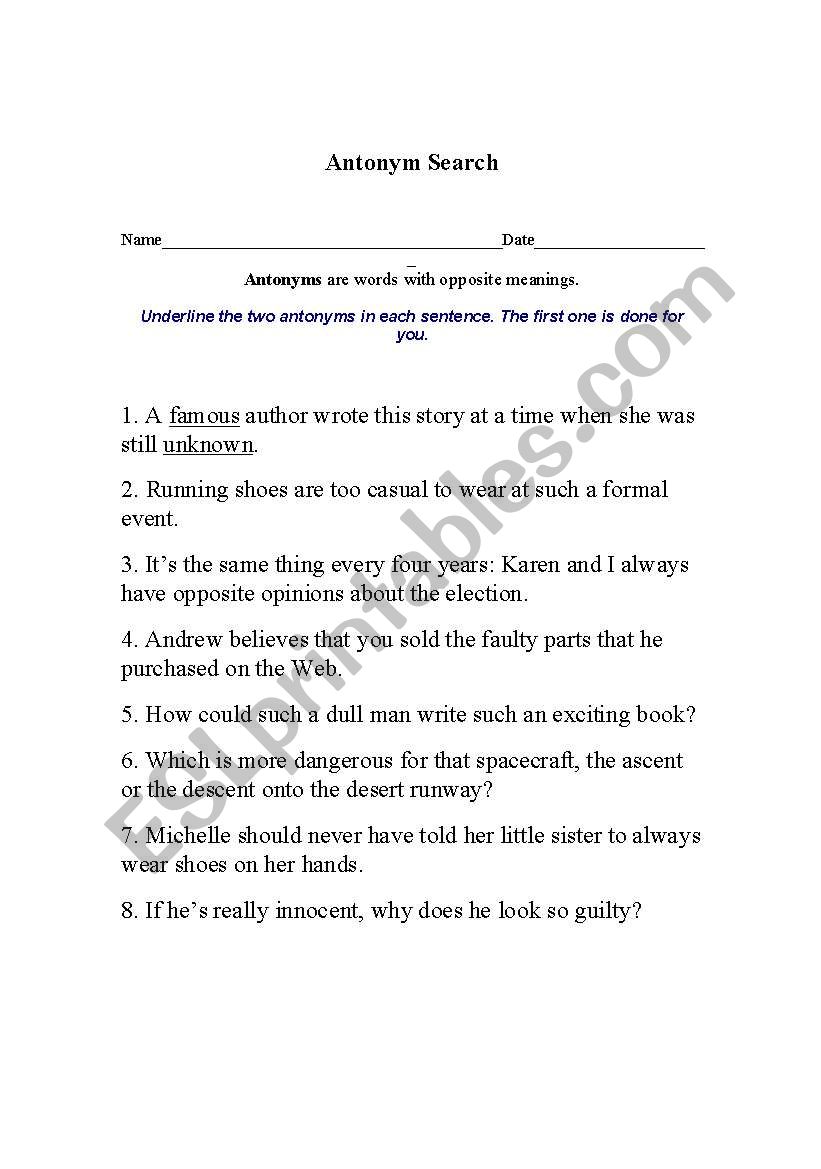 ANTONYM SEARCH worksheet