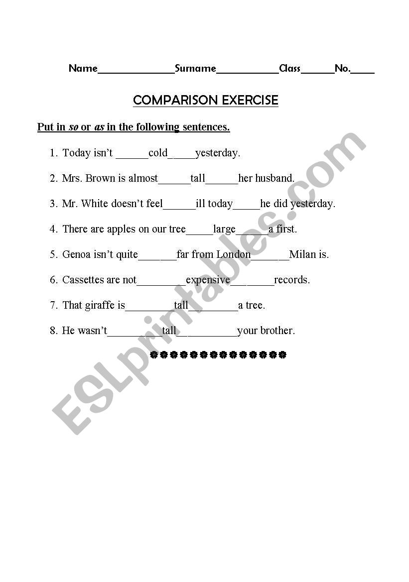 Comparison Exercise worksheet