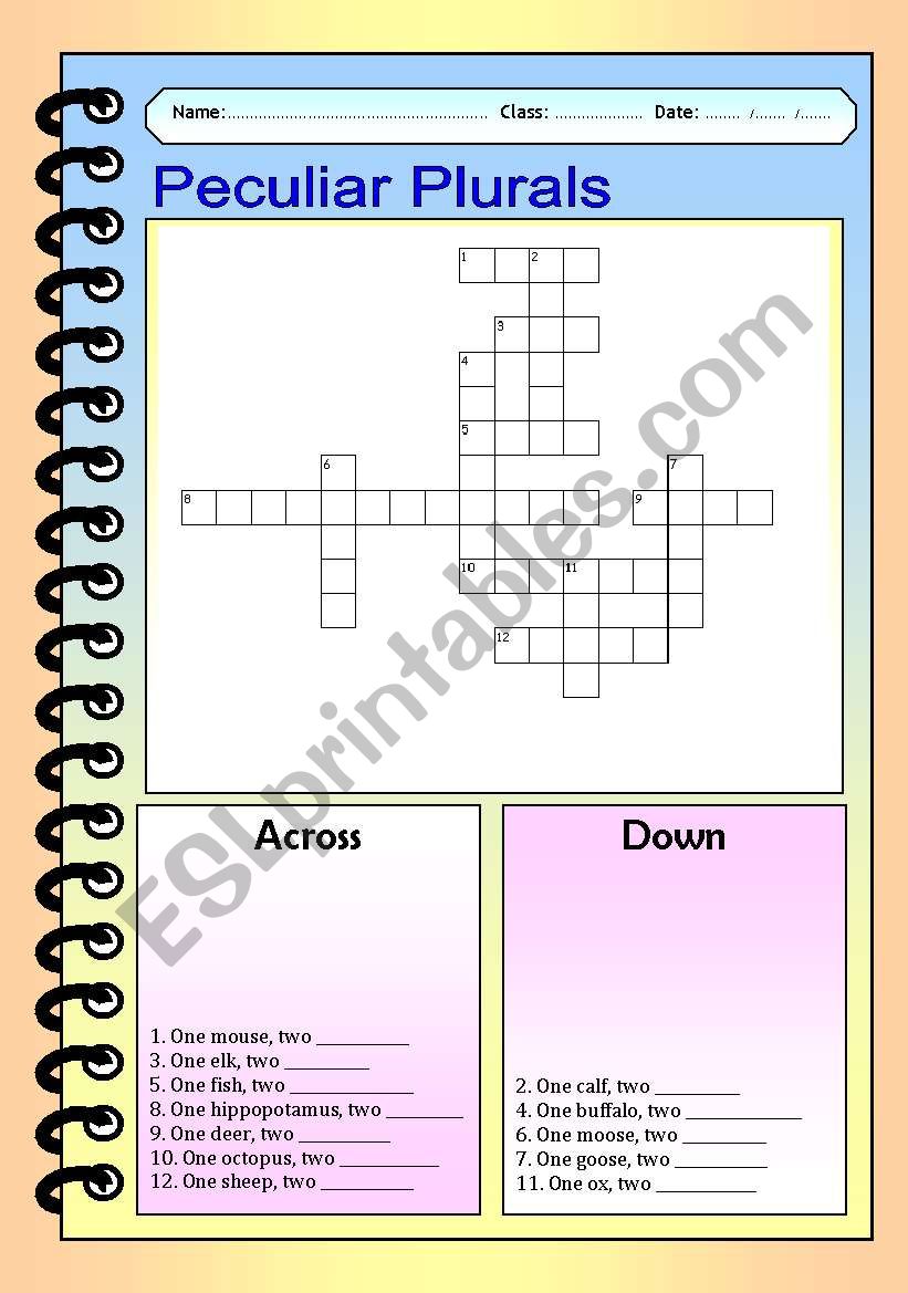 Peculiar Plurals - Irregular Animal Plurals Crossword